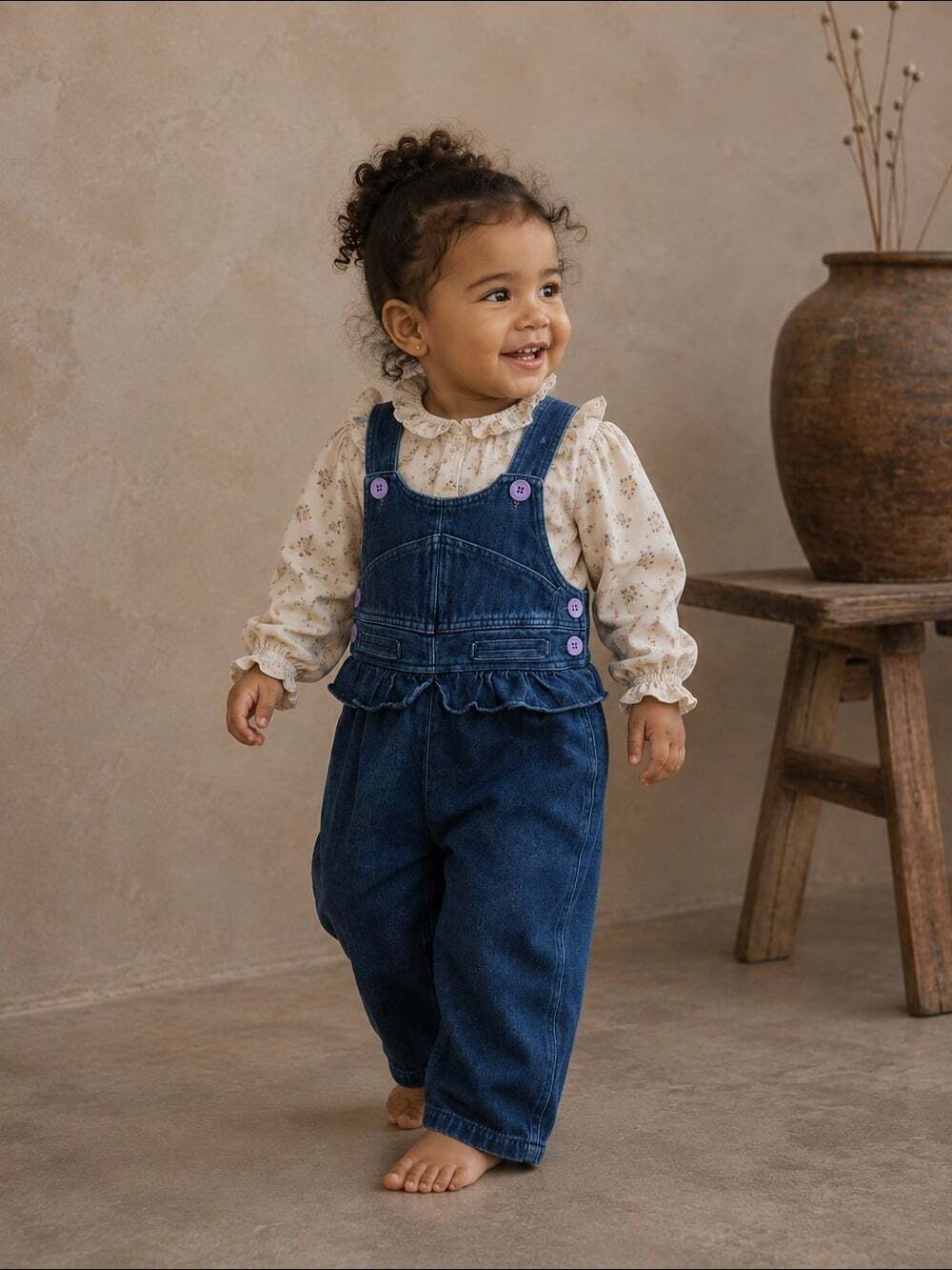 Vintage Yellow Moon Baby Denim Overalls 18M Ruffle Purple Buttons 90s